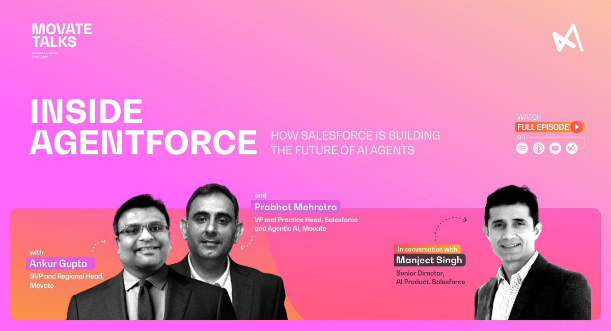 Podcast episode with Movate leaders Ankur Gupta and Prabhat Mehrotra exploring Salesforce Agentforce’s impact on sales, marketing, and customer success