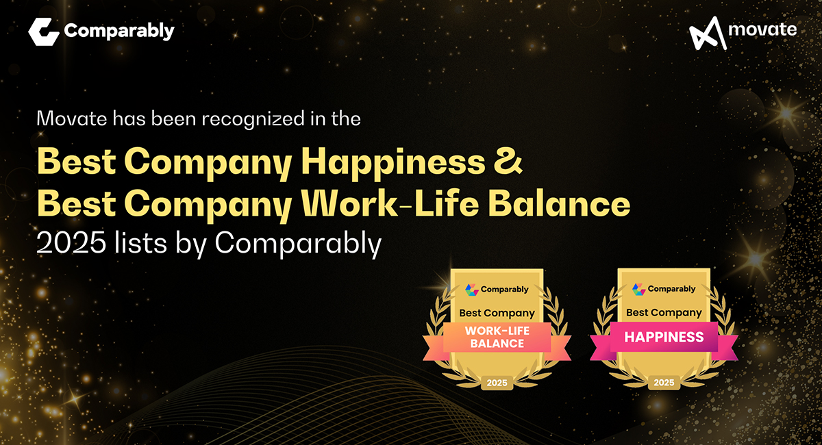 Movate employees celebrating Comparably 2025 wins for Best Company Happiest Employees, and Work-Life Balance.