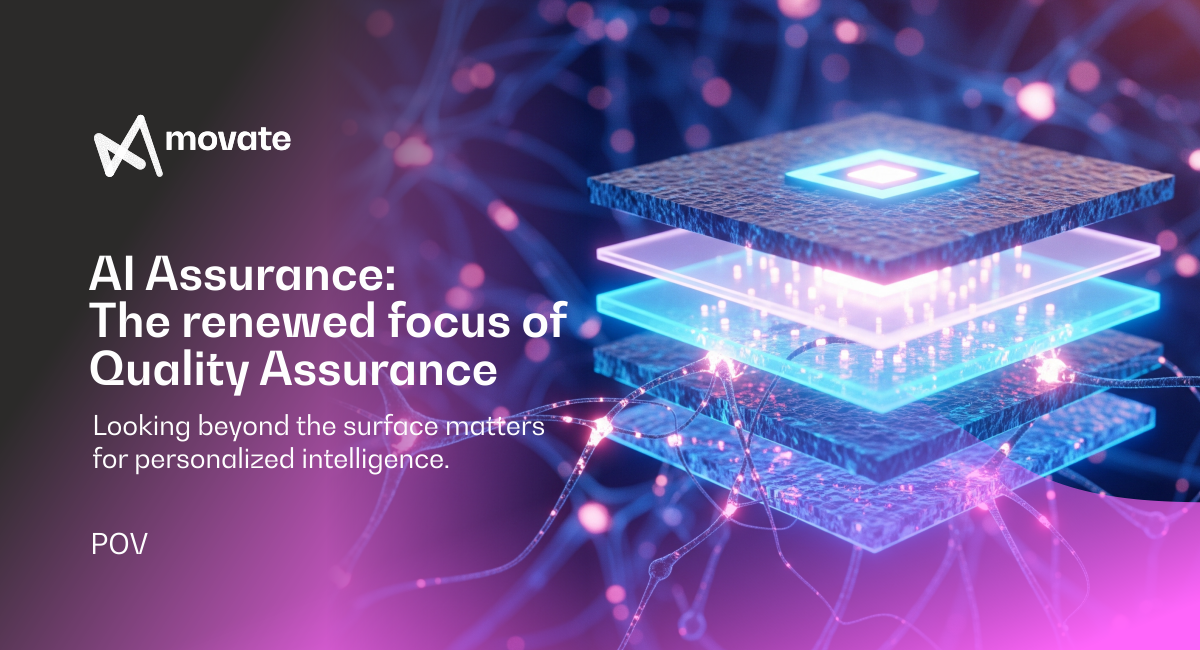 AI assurance concept showing layered intelligence substrate beneath digital experience surface for responsible decision making