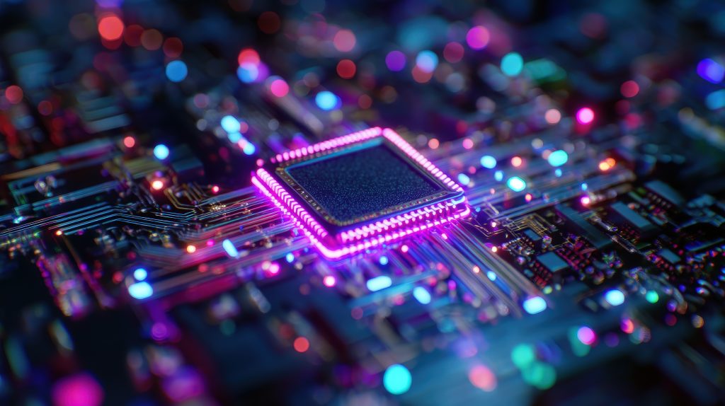 Mesmerizing close-up of a luminous microchip on a circuit board with neon pink and blue light.