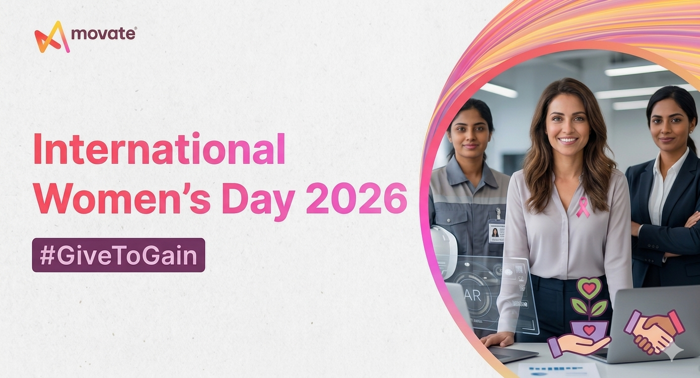 Movate employees celebrating International Women's Day 2026 across global offices in Mauritius, China, and the Americas, with festive decorations and joyful team moments.