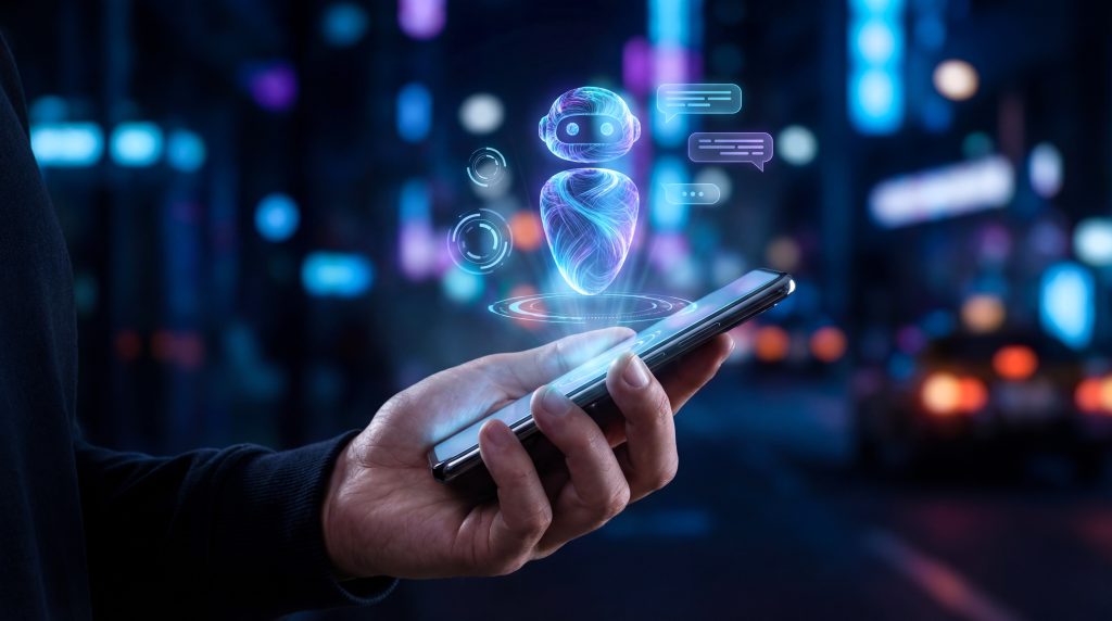 Hand We enable AI-led software development by embedding intelligencea smartphone projecting a glowing holographic artificial intelligence chatbot interface We enable AI-led software development by embedding intelligence
