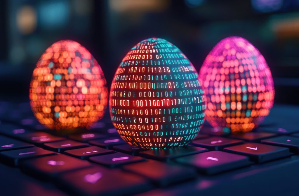 Three glowing neon eggs covered in binary code resting on a computer keyboard, futuristic and mysterious digital data scene