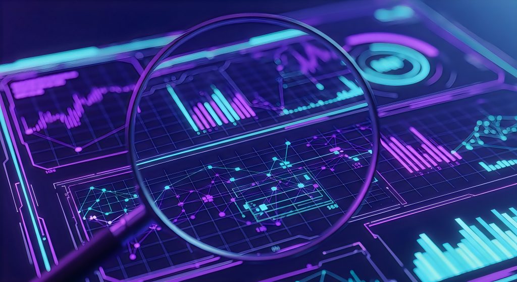 Data analysis, search engine optimization or SEO. magnifier, charts, graphs. ultraviolet and neon screen. AI generative