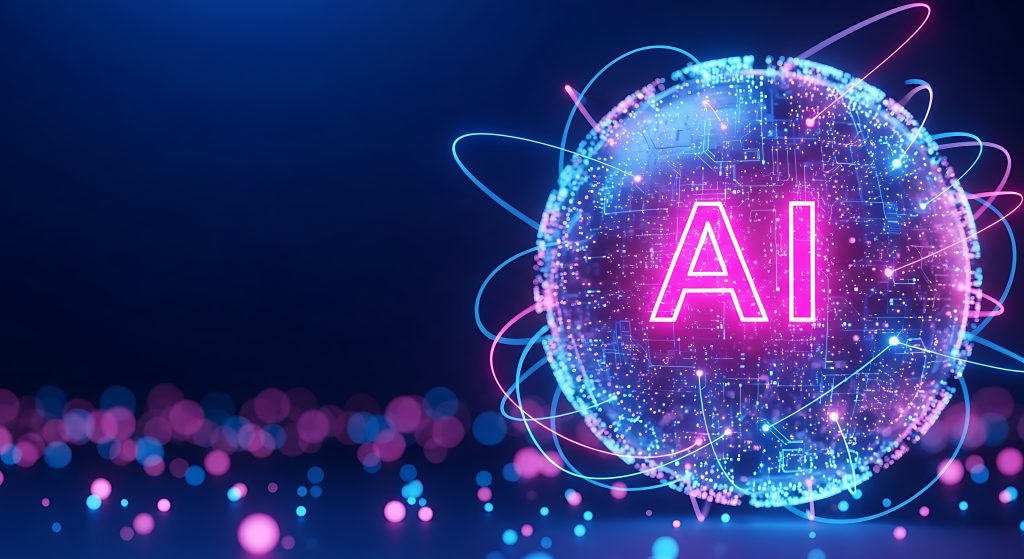 Neon pink and blue A I on a futuristic globe with circuit board pattern and swirling lines artificial intelligence