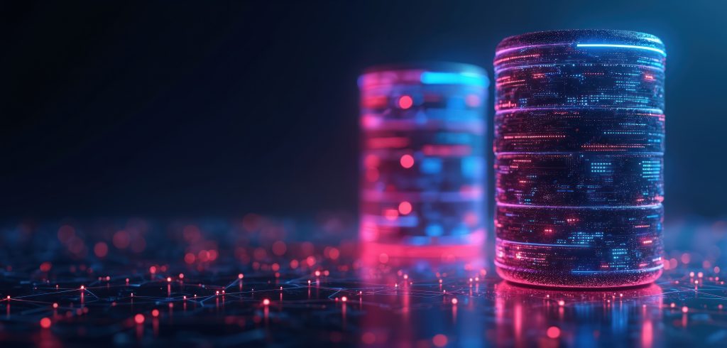 Abstract glowing servers or data stacks, digital information streams, neon light, cyber network, data center, futuristic technology concept.