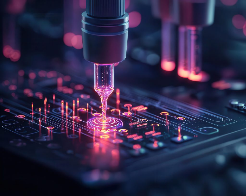 AI-driven bioengineering, molecular visualization, high-tech lab, 3D illustration