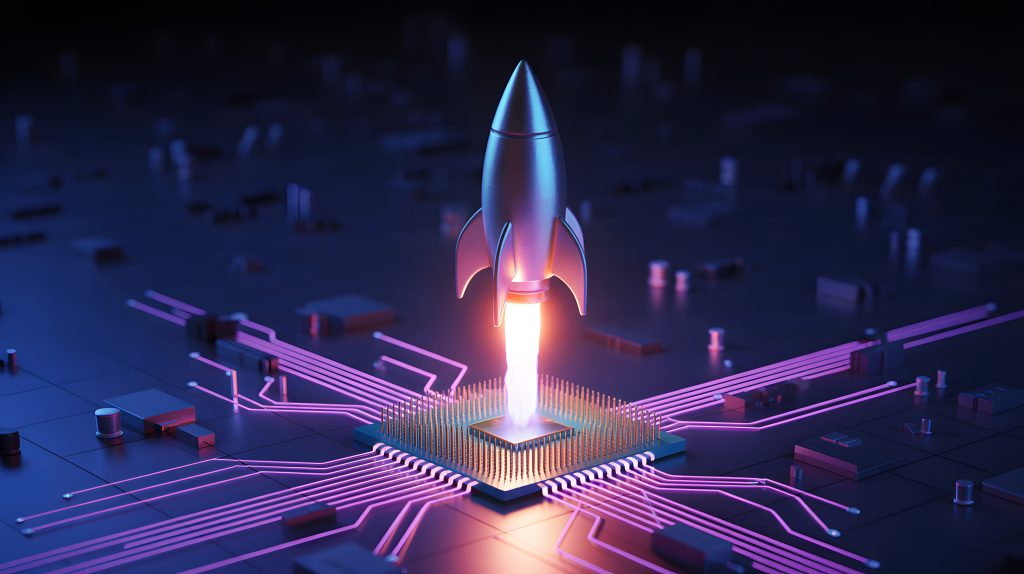Futuristic rocket launching from AI microchip, digital innovation and startup acceleration concept, artificial intelligence technology, data computing power, sci-fi background