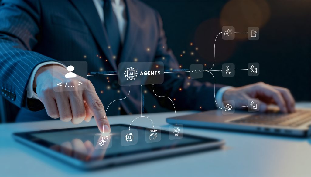 Business professional controlling AI agents workflow on tablet. Orchestrating autonomous tasks, connecting data, code, and content creation tools for digital automation.