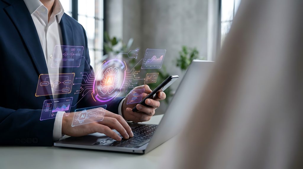 Innovative AI solution for business productivity showing businessman using laptop and phone with neon digital interface and big data visualization