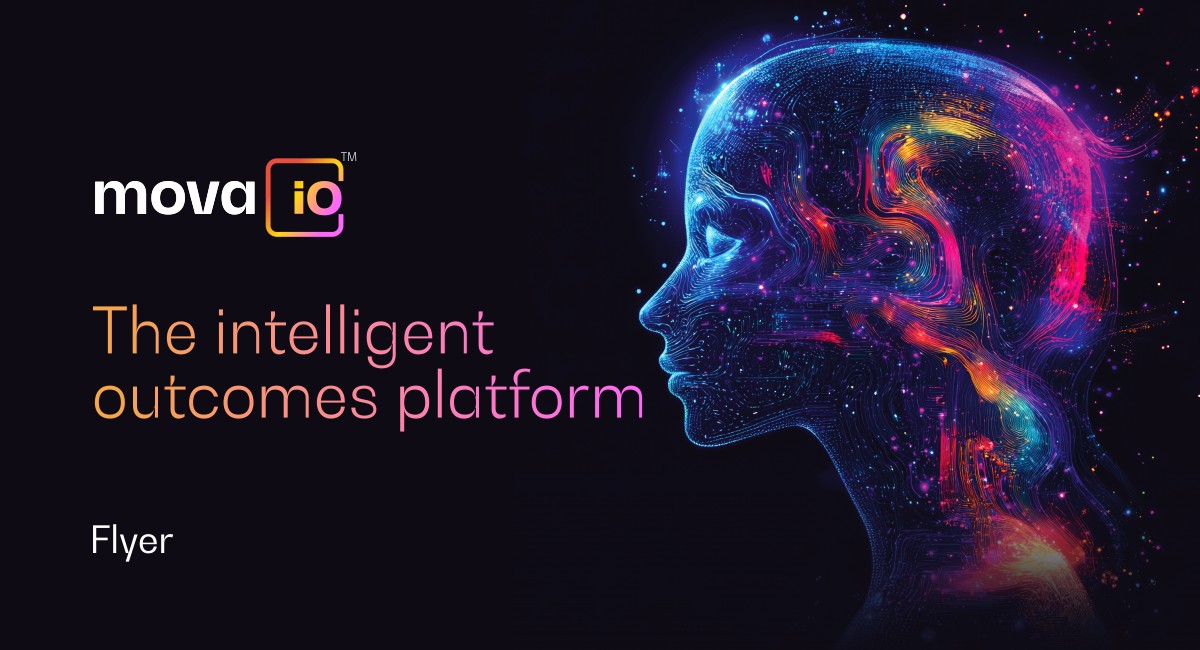 Mova iO intelligent outcomes platform by Movate showing AI agents, automation, enterprise knowledge, and applied AI services for measurable business outcomes