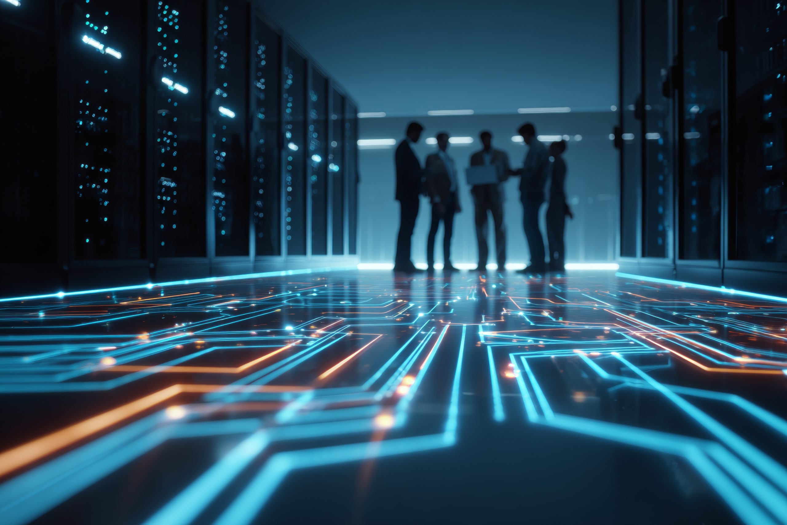 Strategic minds in the digital fortress. Ai concept. Integrating expertise: it professionals in data security discussion. Digital transformation. Cyber interaction.